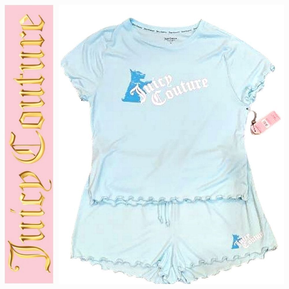 Juicy Couture Scottie Dog Logo Ribbed Lettuce Edge Short‎ & Tee Pajama Set